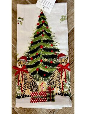 CHRISTMAS CHEETAH Kitchen Towel Set of 2 Embroidered BEADED Detailed 20" x 28